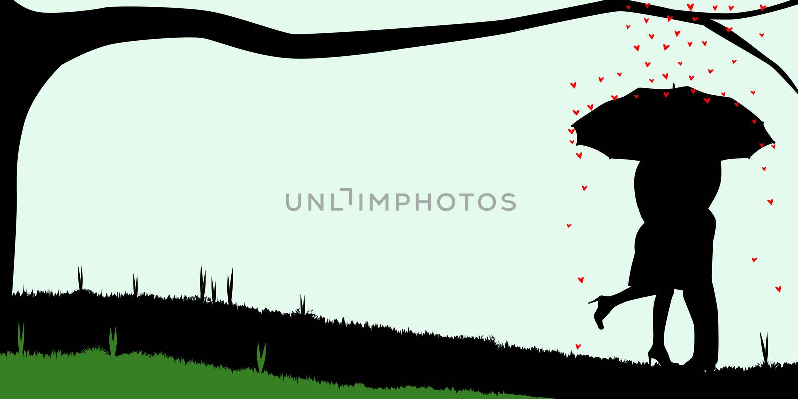 A courting couple, silhouette ,, kissing under an umbrella, during a downpour of red cupids hearts