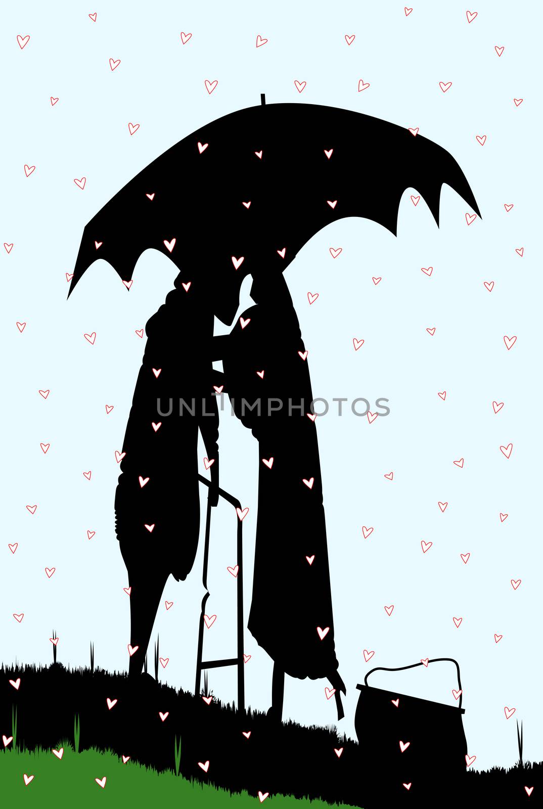 An old couple, silhouetted, kissing under an umbrella, during a downpour of red cupids hearts.