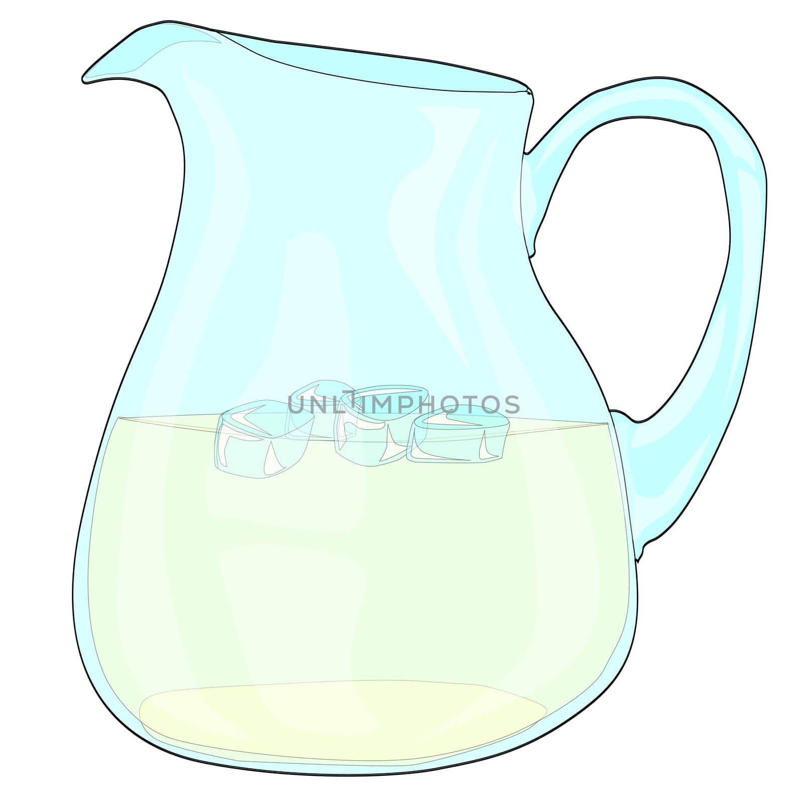 A pitcher of lemonade with ice on a white background.