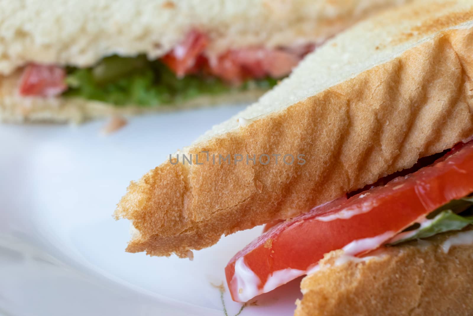 A toasted tomato sandwich with lettuce and mayonaise sits on a white plate, cut diagonally and served for lunch. A close-up view of one side obscures a blurred cross-section behind it.