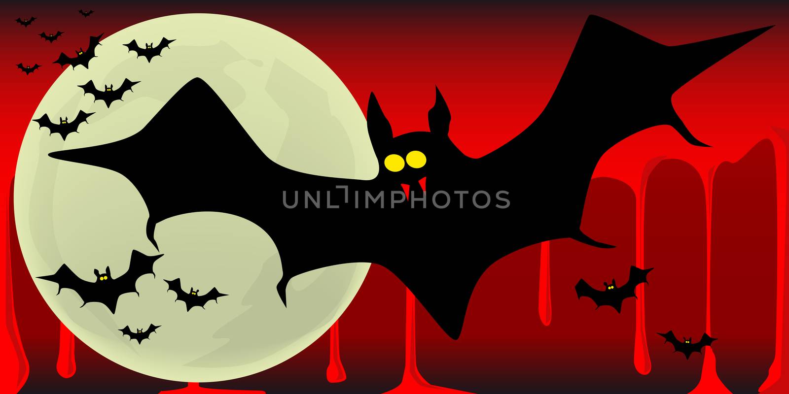 Vampire bats flying in formation across the fall moon against a blood run sky