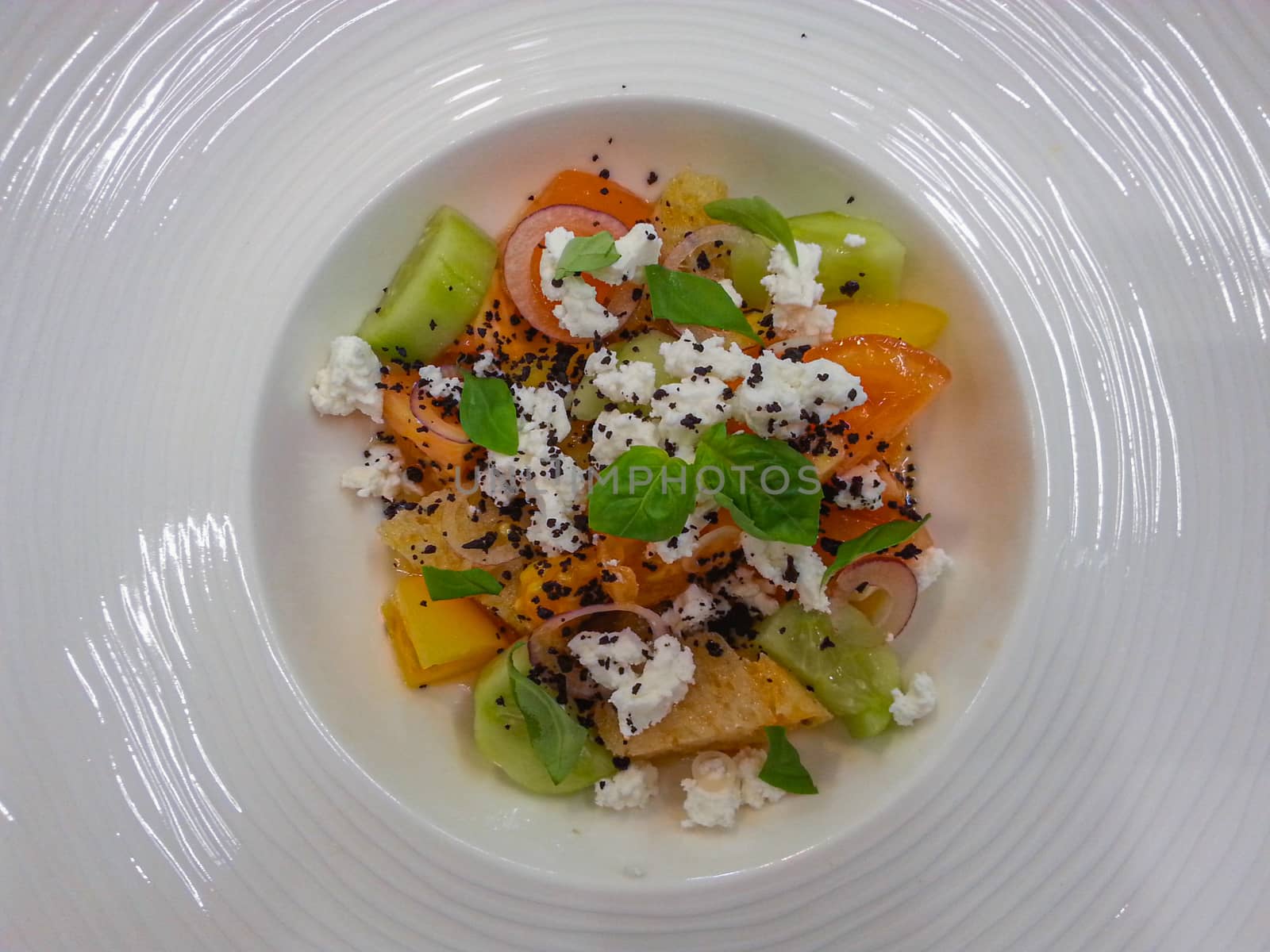 Colorful fruity salad with kiwi oranges basil and cottage cheese by Wierzchu