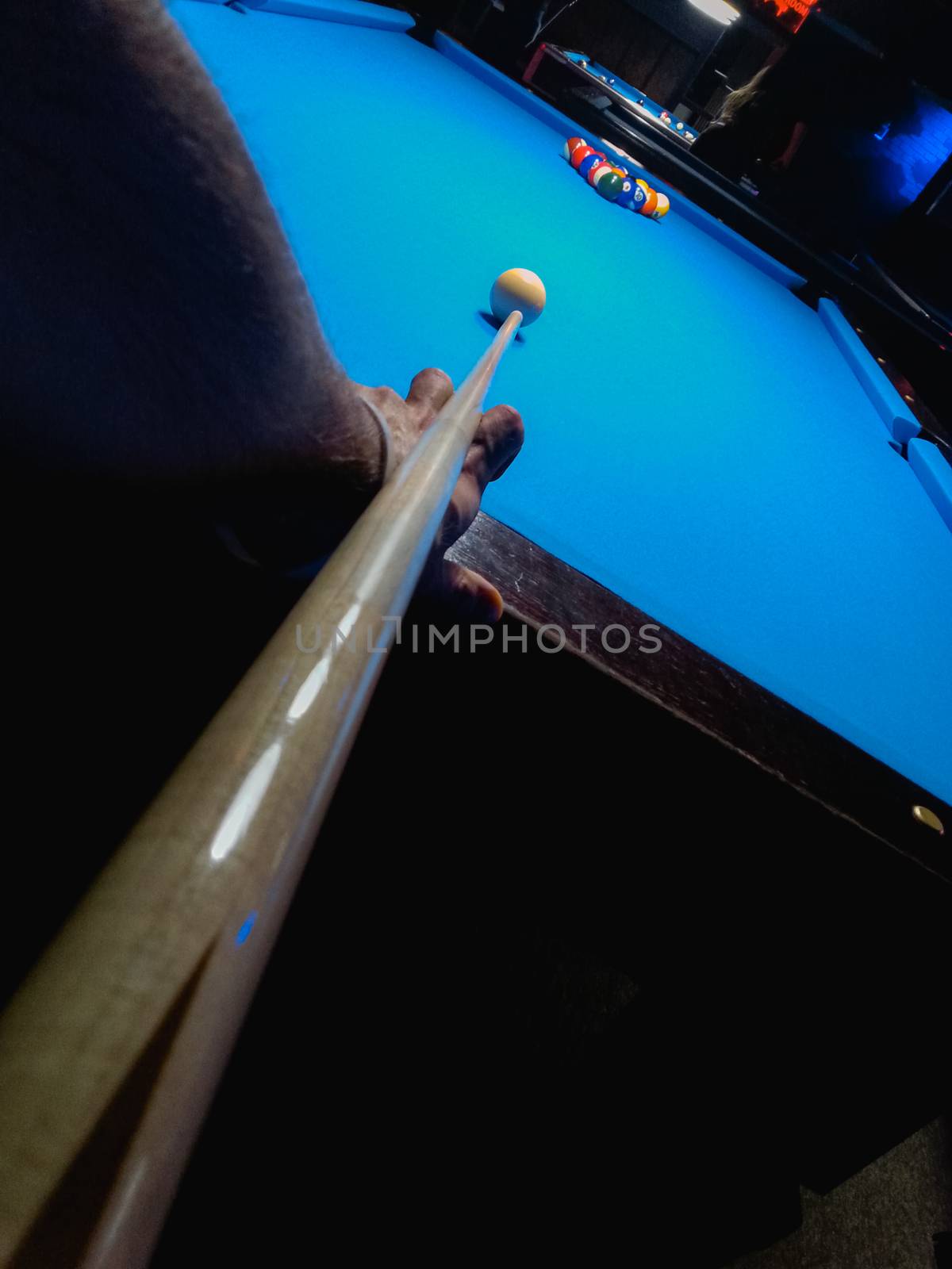 Before shot to billiard-ball at blue billiard table  by Wierzchu