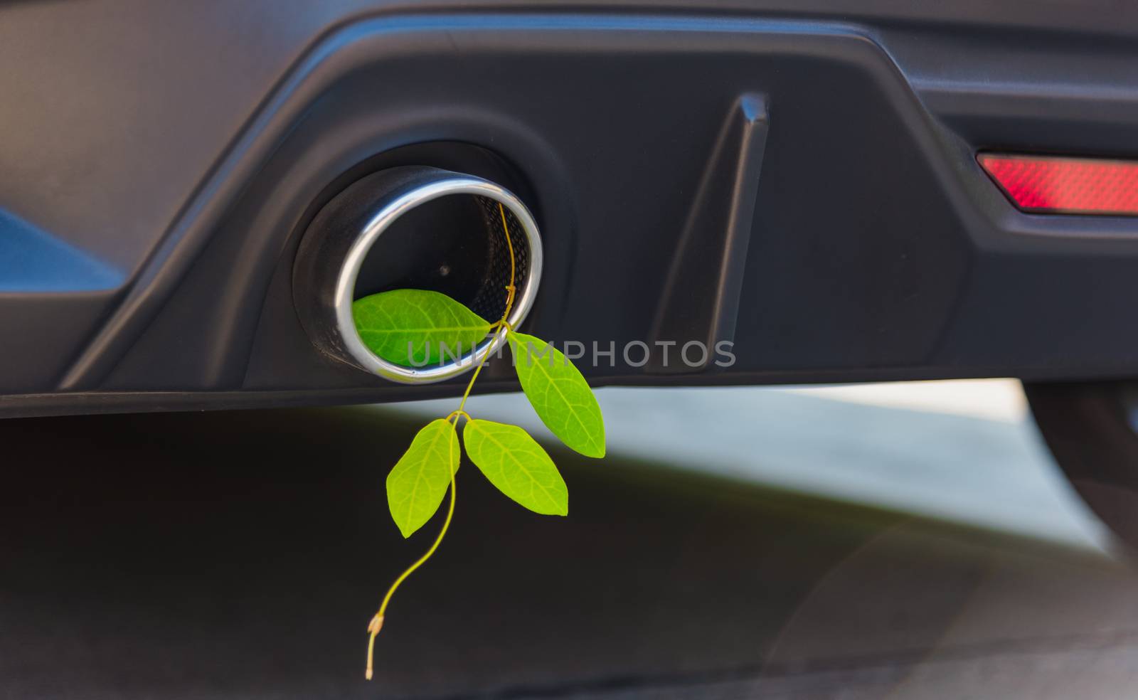 Eco electric hybrid car Environmental concept of the green leaf in exhaust muffler fuel efficient instead smoke can help stop carbon dioxide