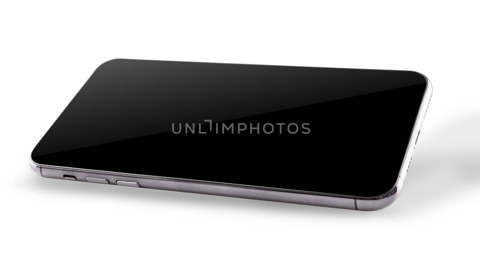 Closeup Horizontal modern digital black Smartphone mobile mockup blank side screen isolated on white background, no clipping path