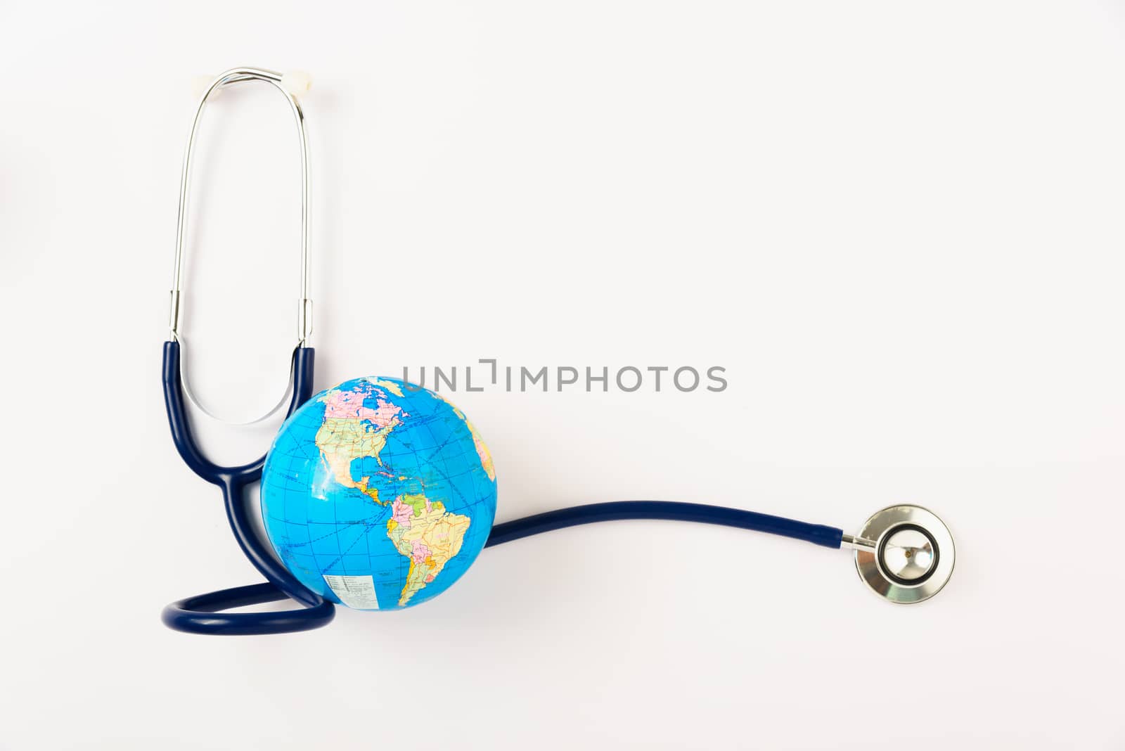 World health day concept, Stethoscope and globe on white background with copy space. Global health care