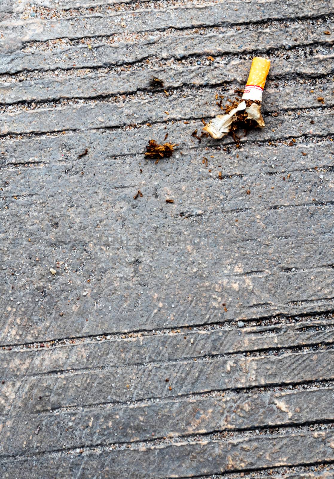 The cigarette butt let down on the concrete floor by Satakorn