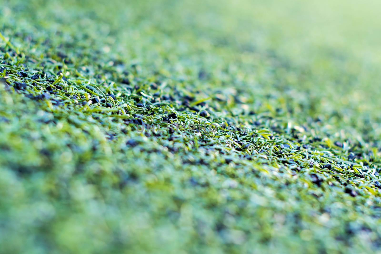 Texture of plastic artificial grass and the rubber pellets on school yard