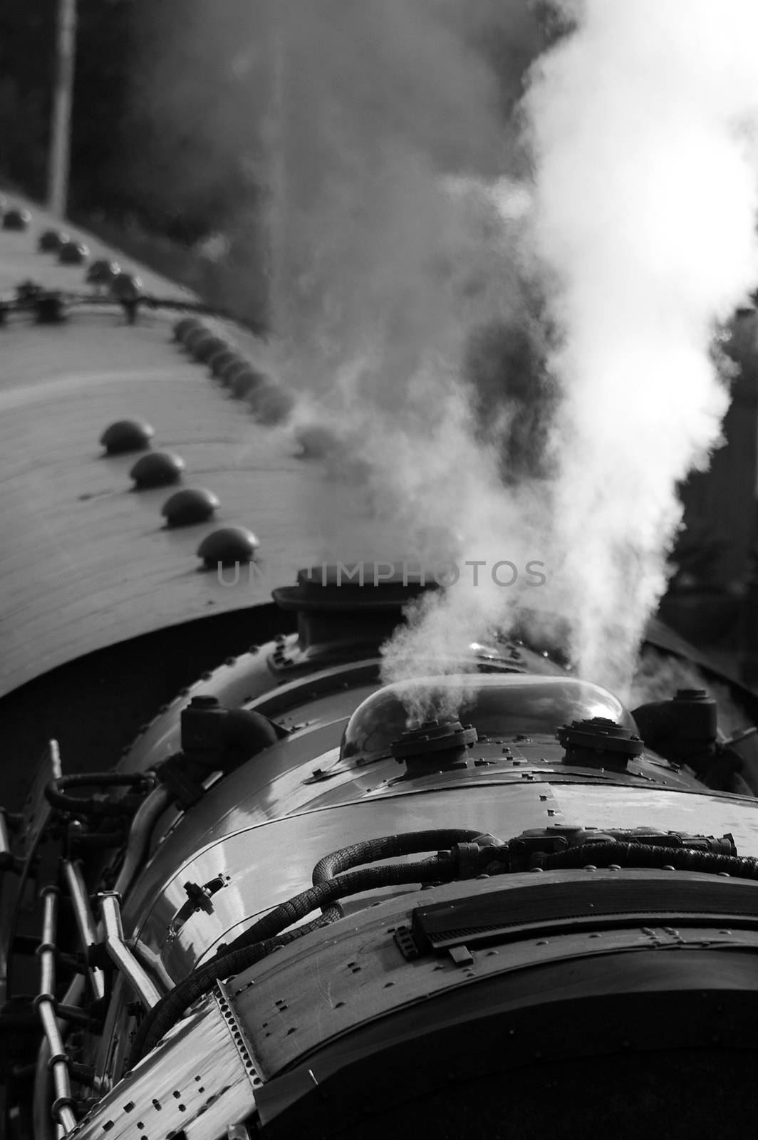 An old steam locomotive train with steam being released at a station