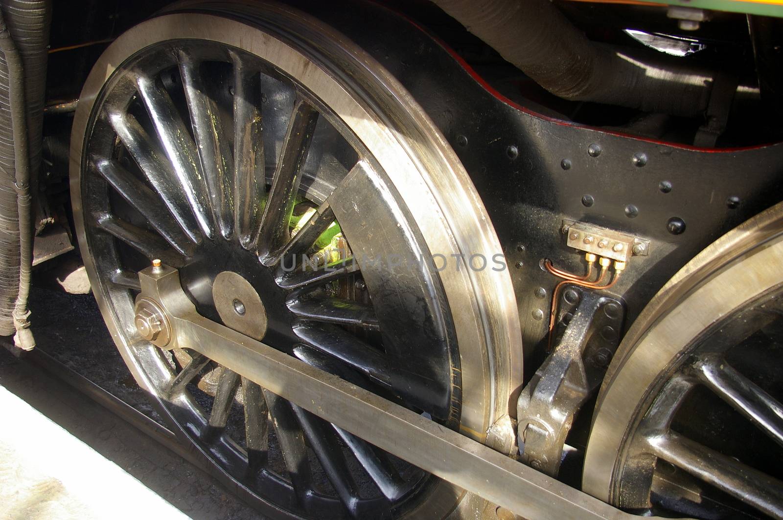 Wheel assembly on a powerful steam locomotive