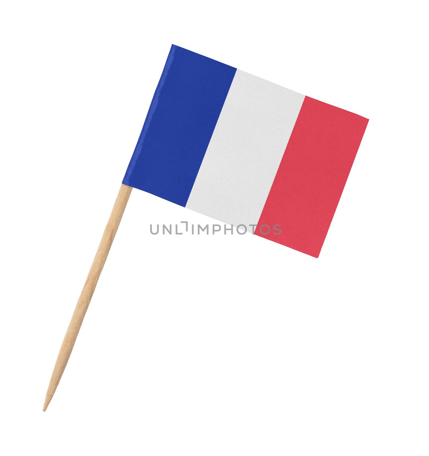 Small paper French flag on wooden stick, isolated on white