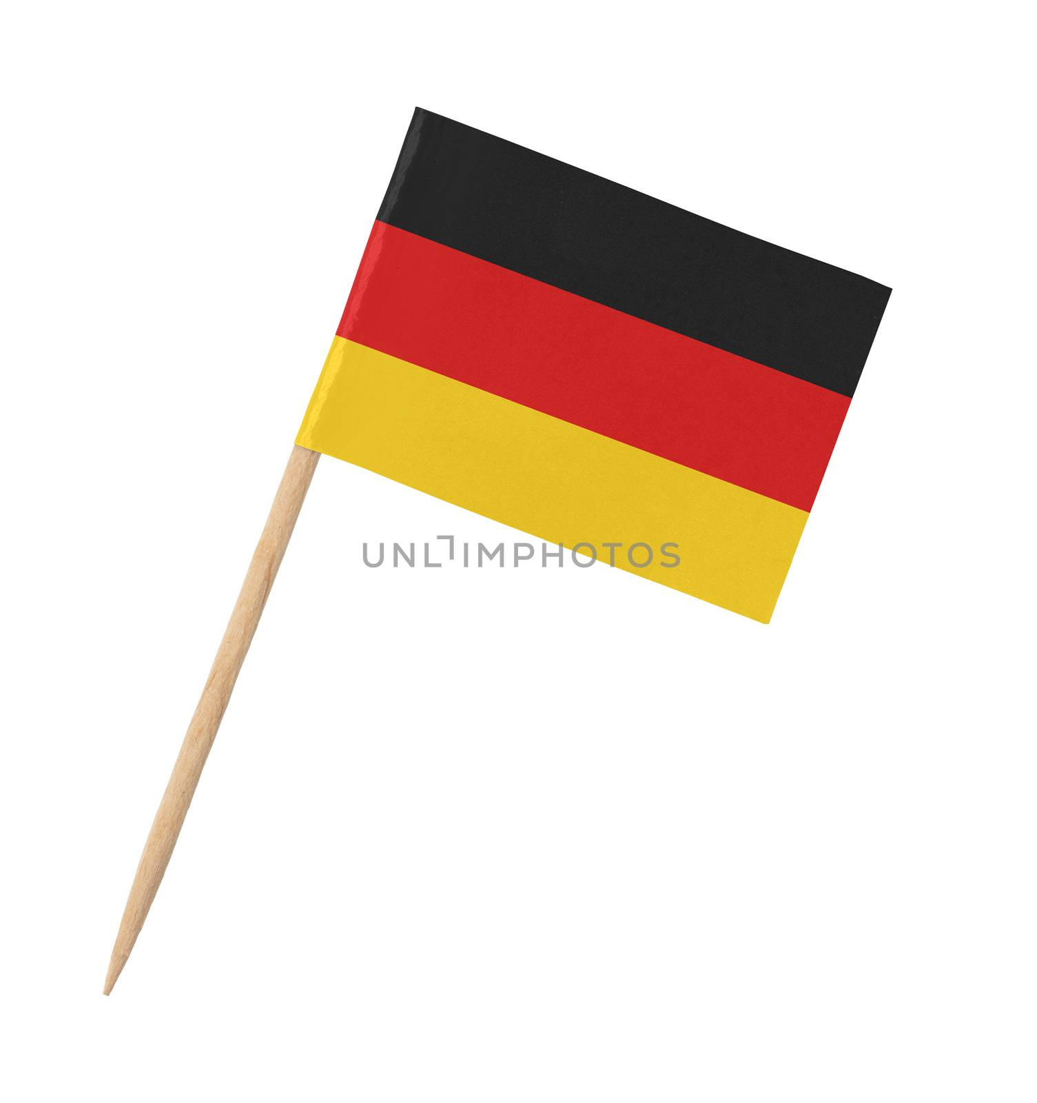 Small paper German flag on wooden stick, isolated on white