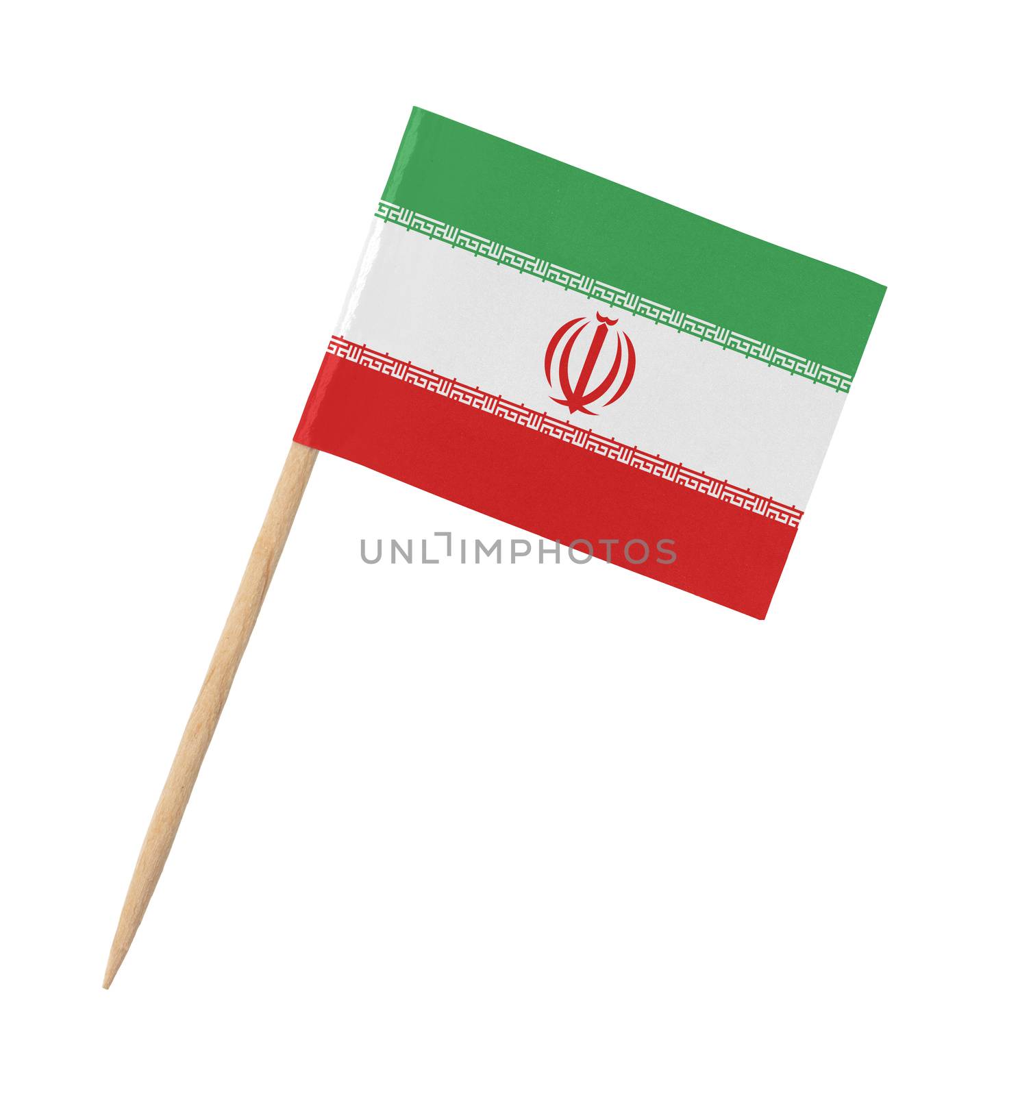 Small paper Iranian flag on wooden stick, isolated on white