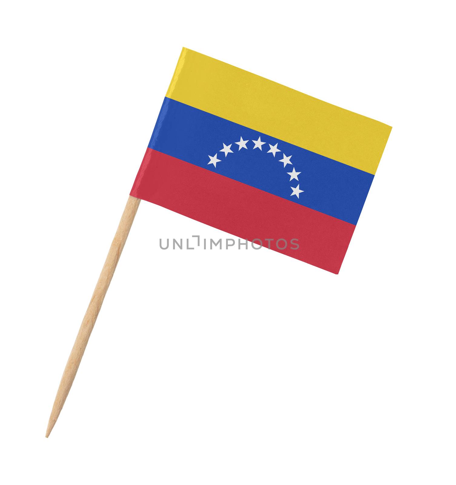 Small paper Venezuelan flag on wooden stick, isolated on white