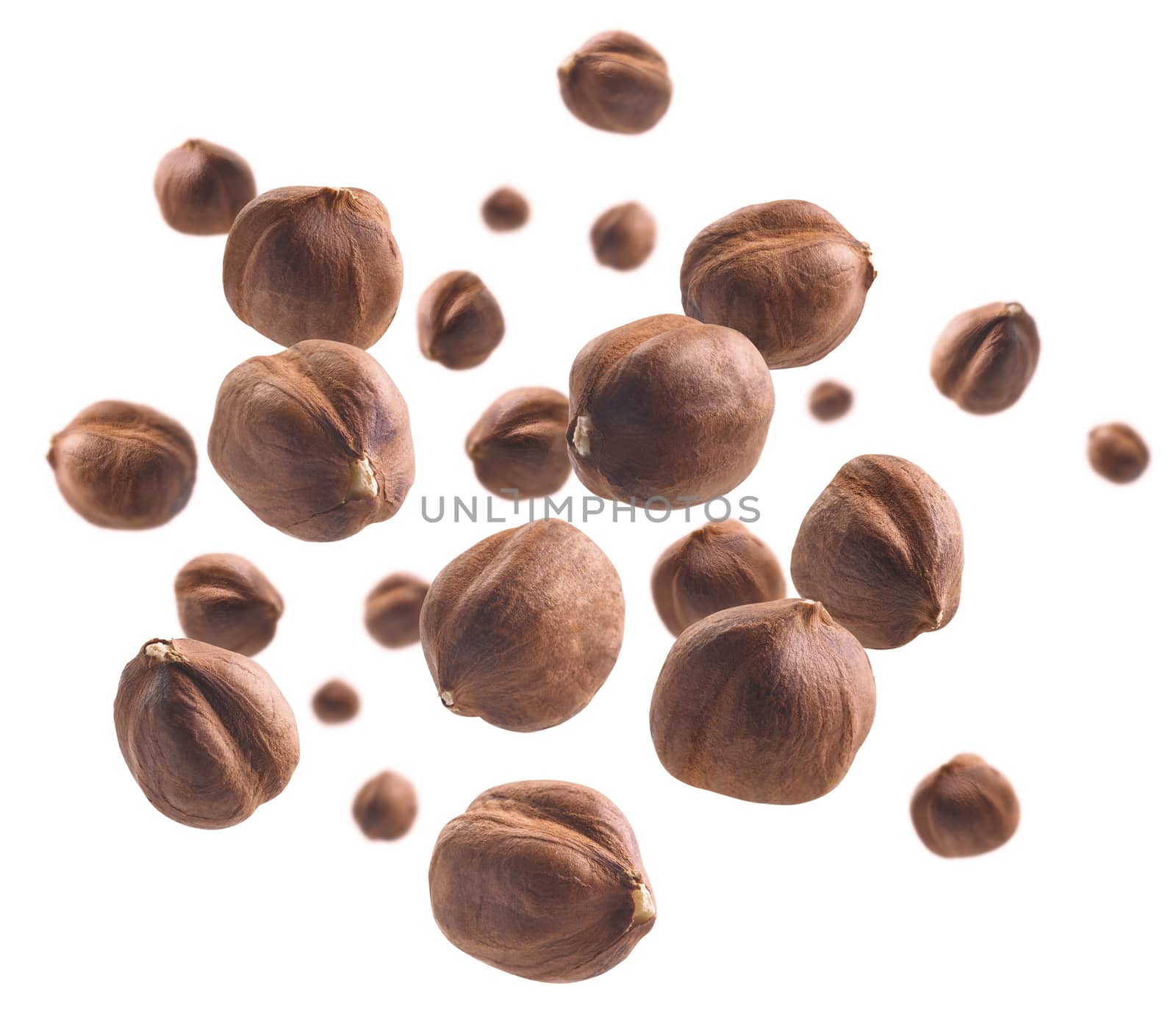 Peeled hazelnut levitates on a white background.