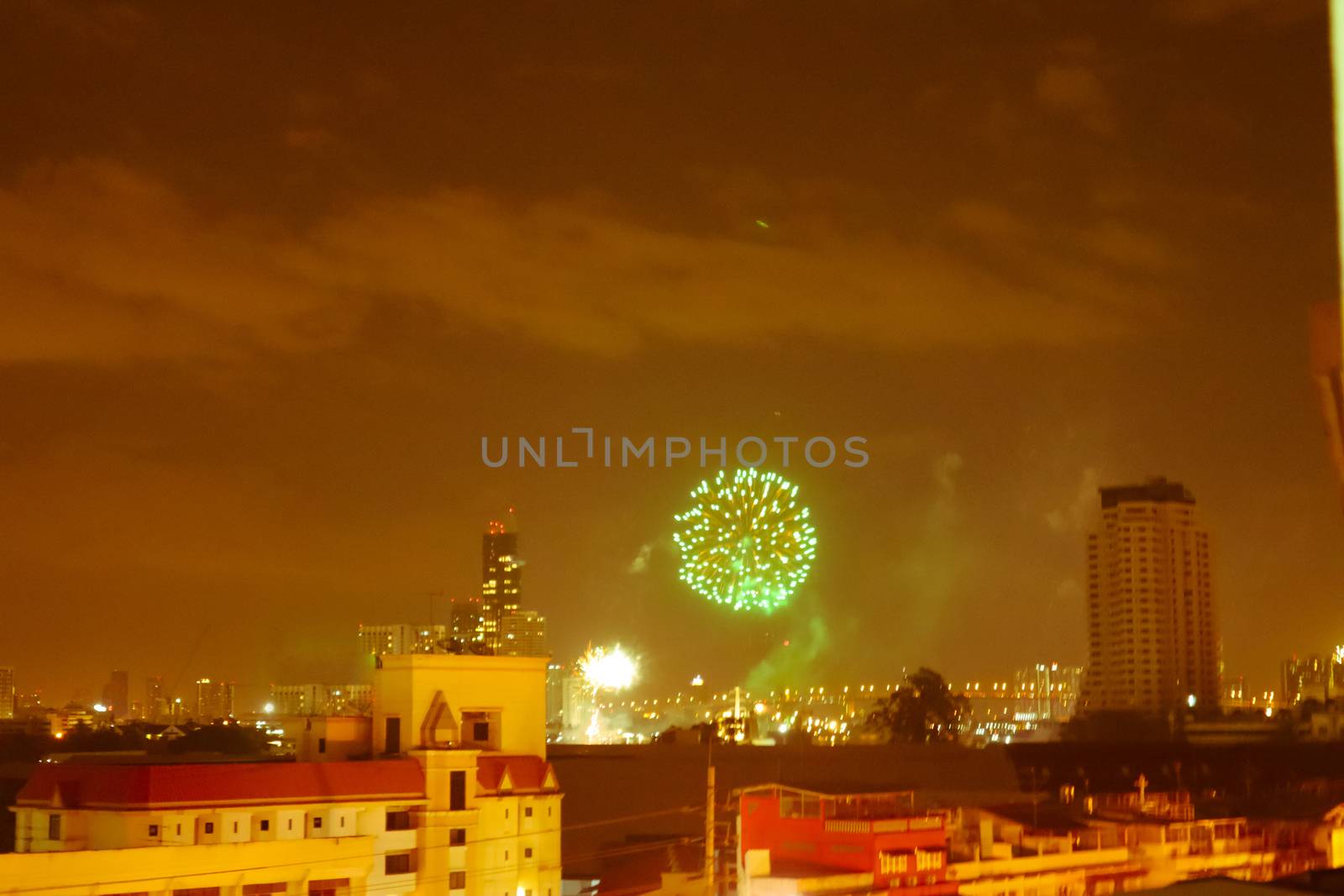 Gorgeous fireworks over Bangkok in Thailand celebrating New Years Eve.