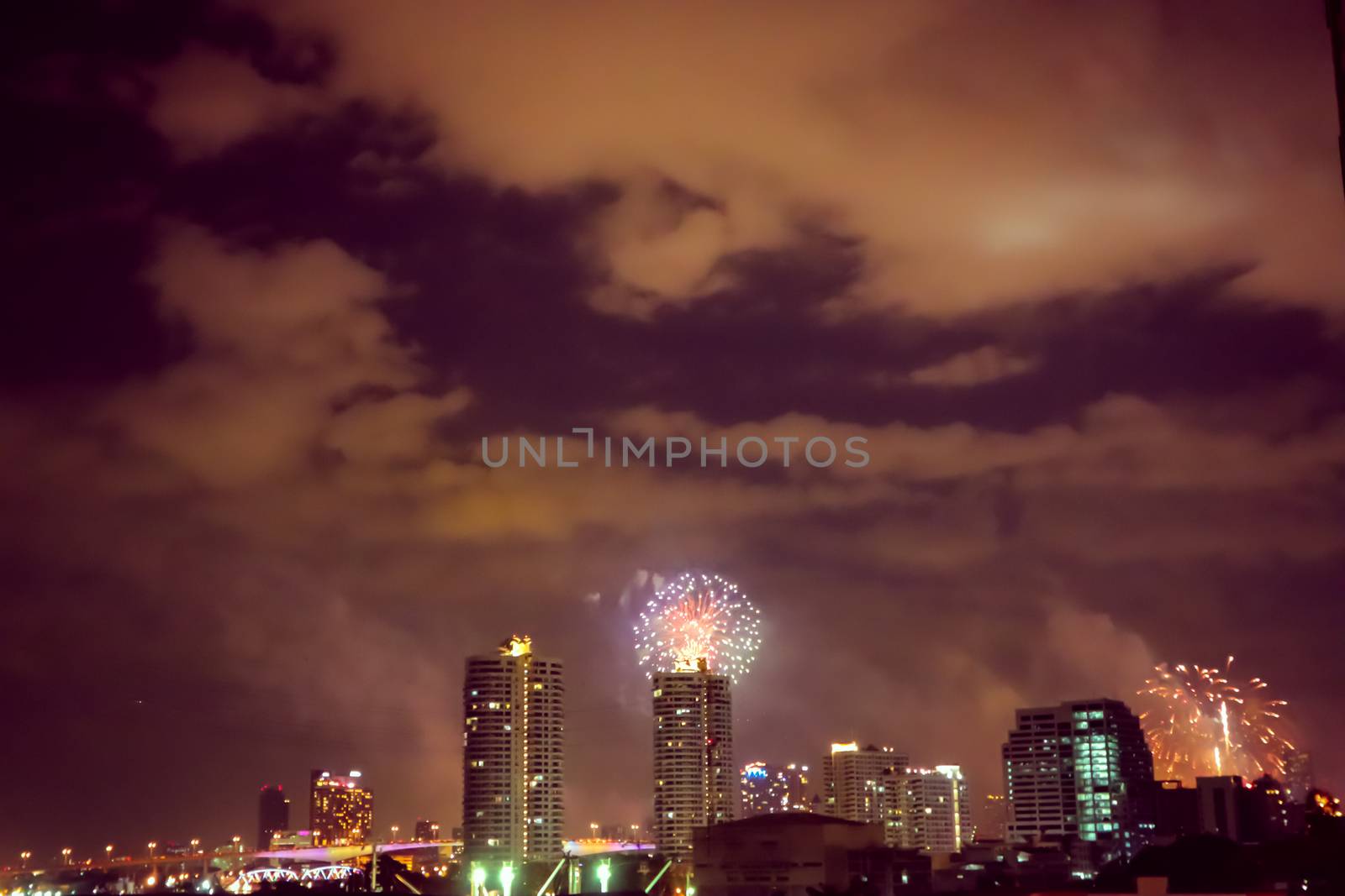 New Year fireworks in Bangkok. Beautiful night panorama. Celebrating festive salute