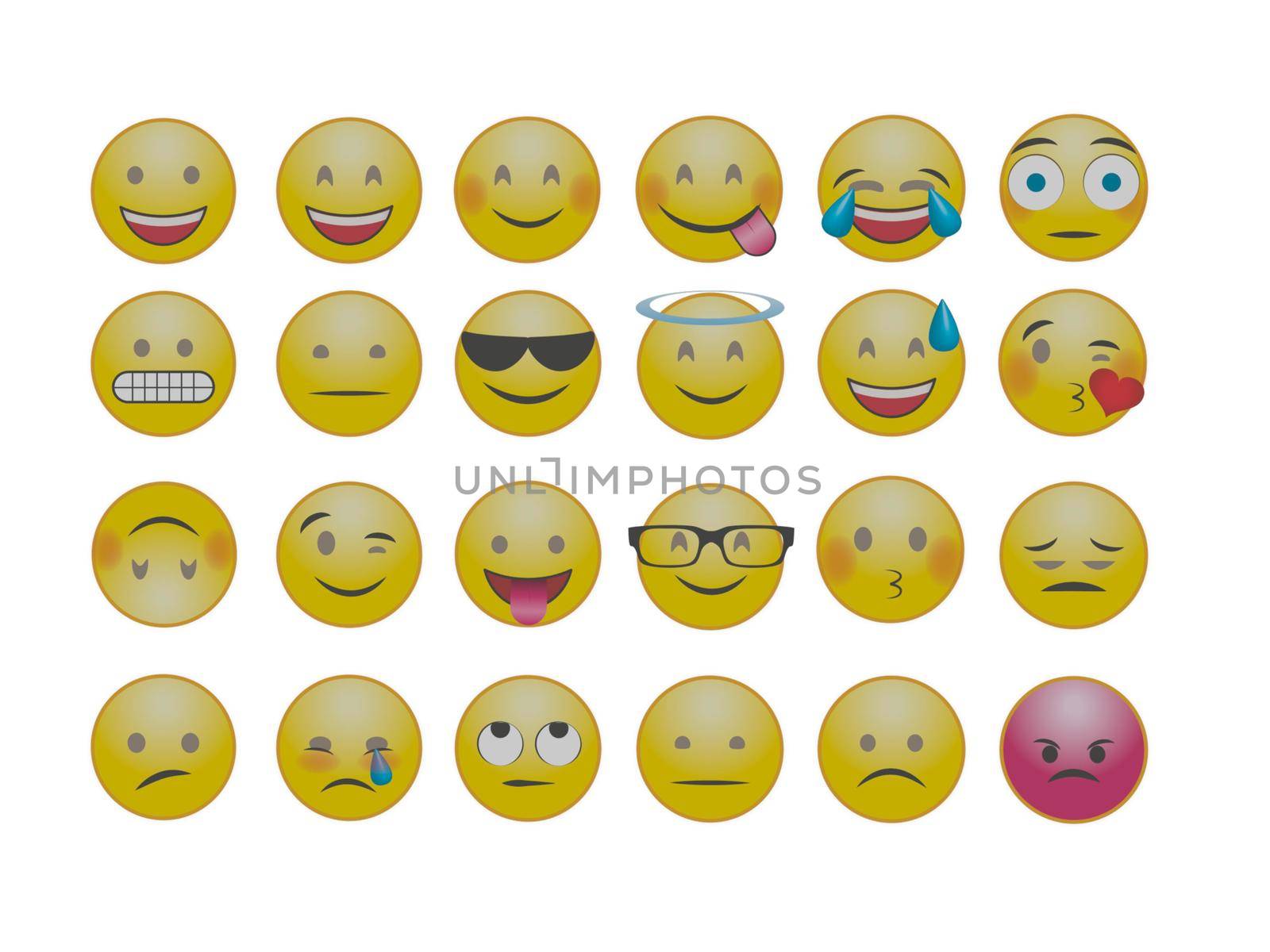 several smiley with expressions on white background - 3d rendering by mariephotos