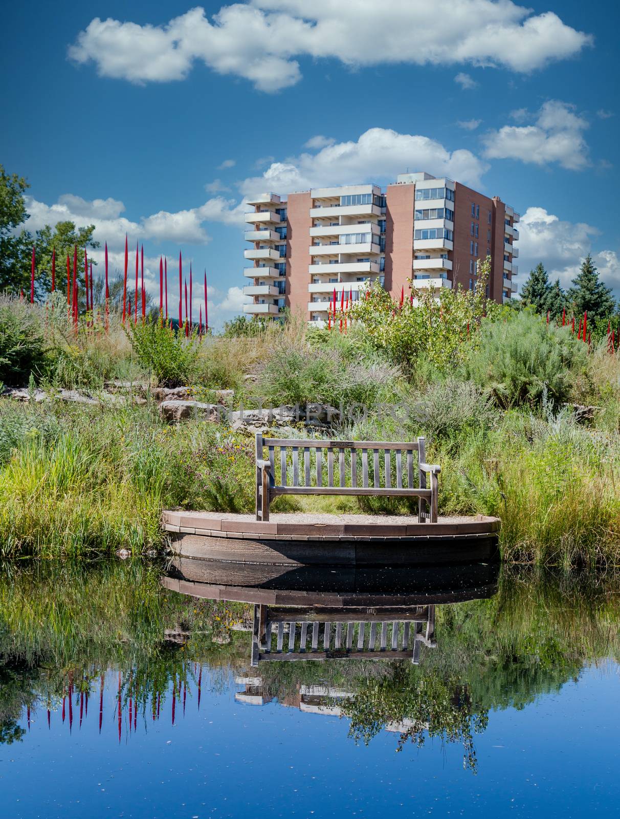 Empty Bench in a Public Park reflected in blue lake with a condo tower in background