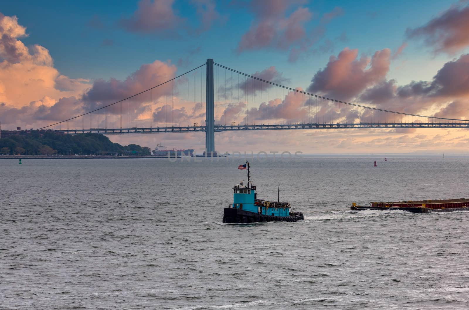 Blue Tugboat and Verrazano Bridge by dbvirago