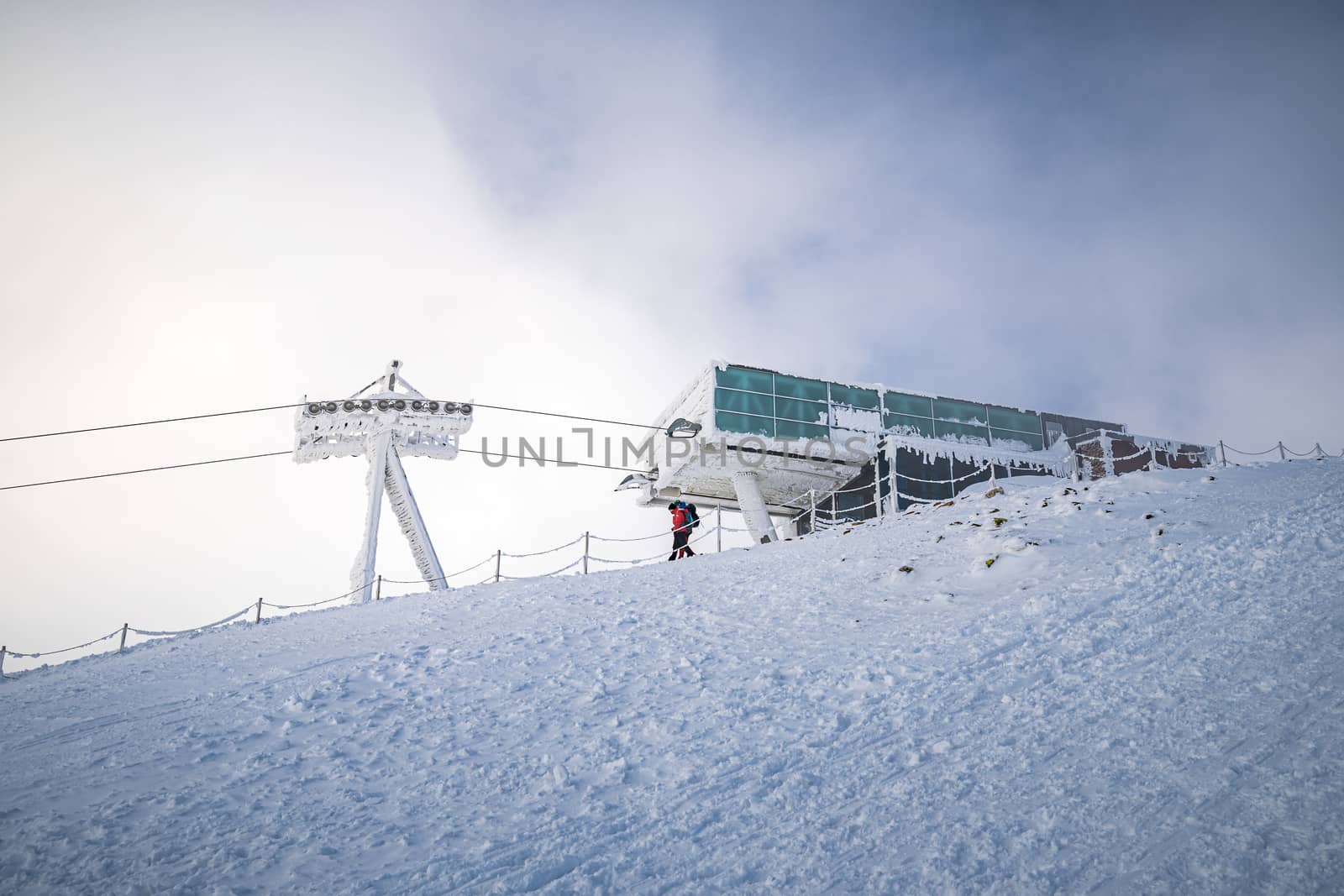 Cableway station on Snezka or Sniezka summit in Giant Mountains, Krkonose National Park, Czech Republic. by petrsvoboda91