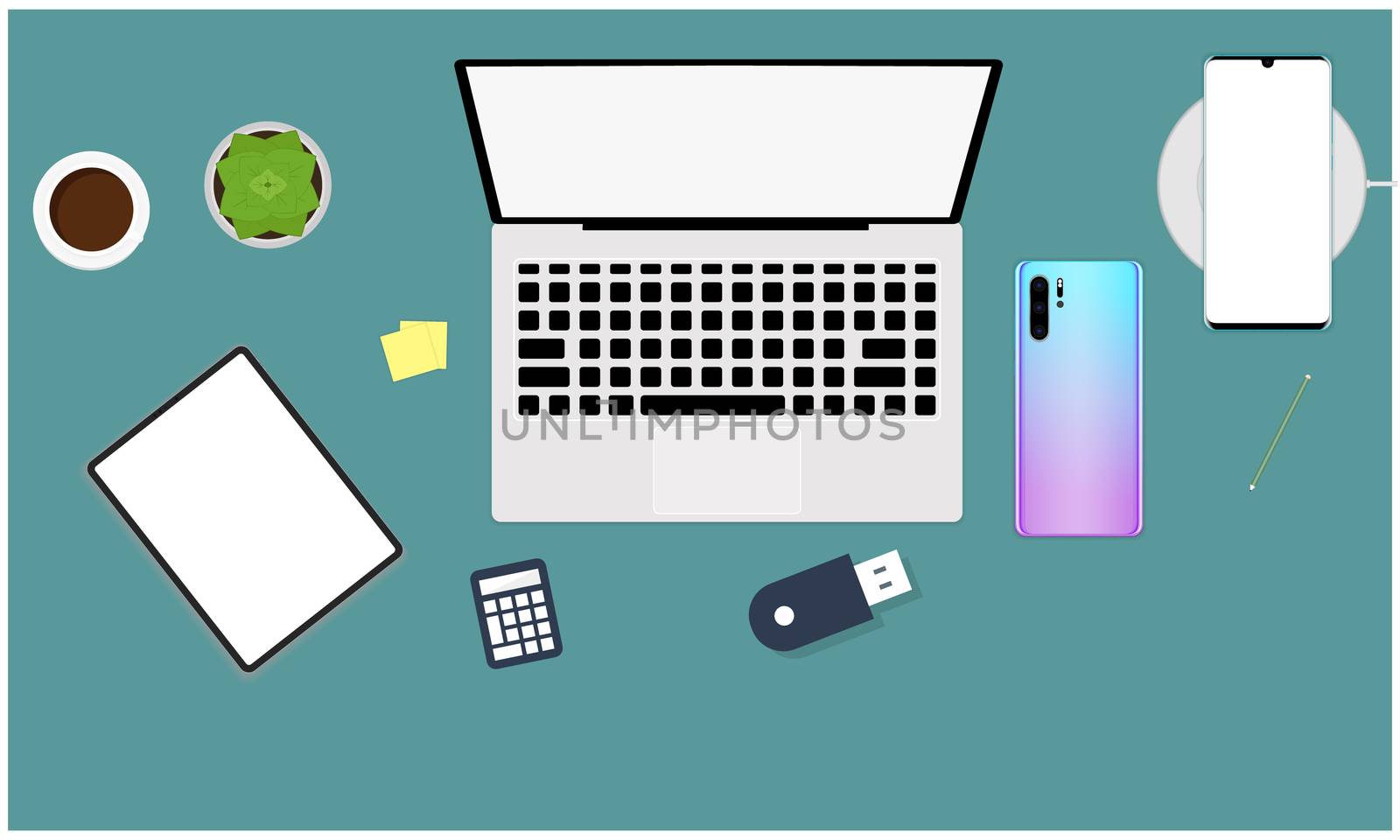 office desk mock up illustration with all electronic devices by aanavcreationsplus