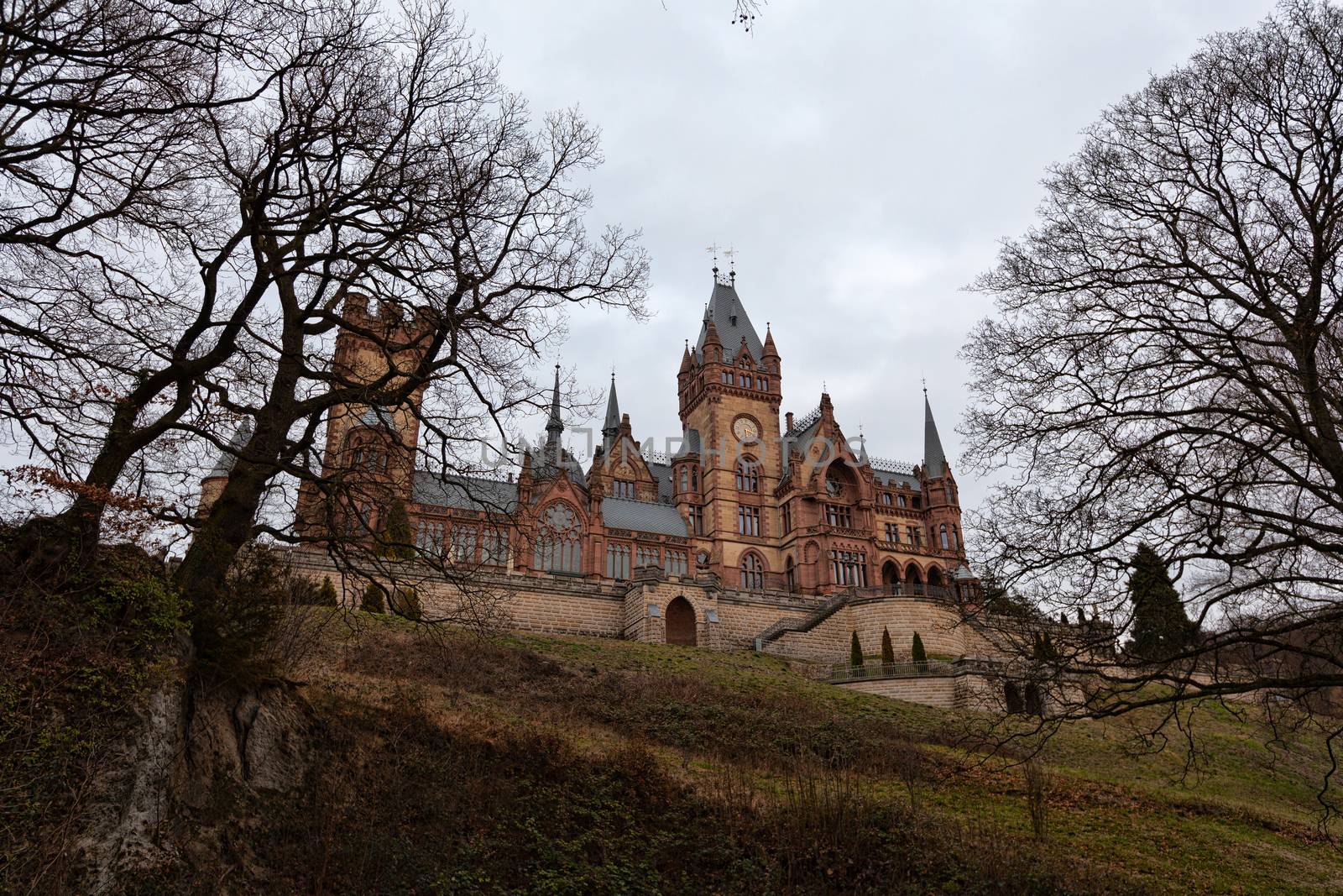 Konigswinter, Germany - 2 March 2019: Drachenburg castle on a gloomy day