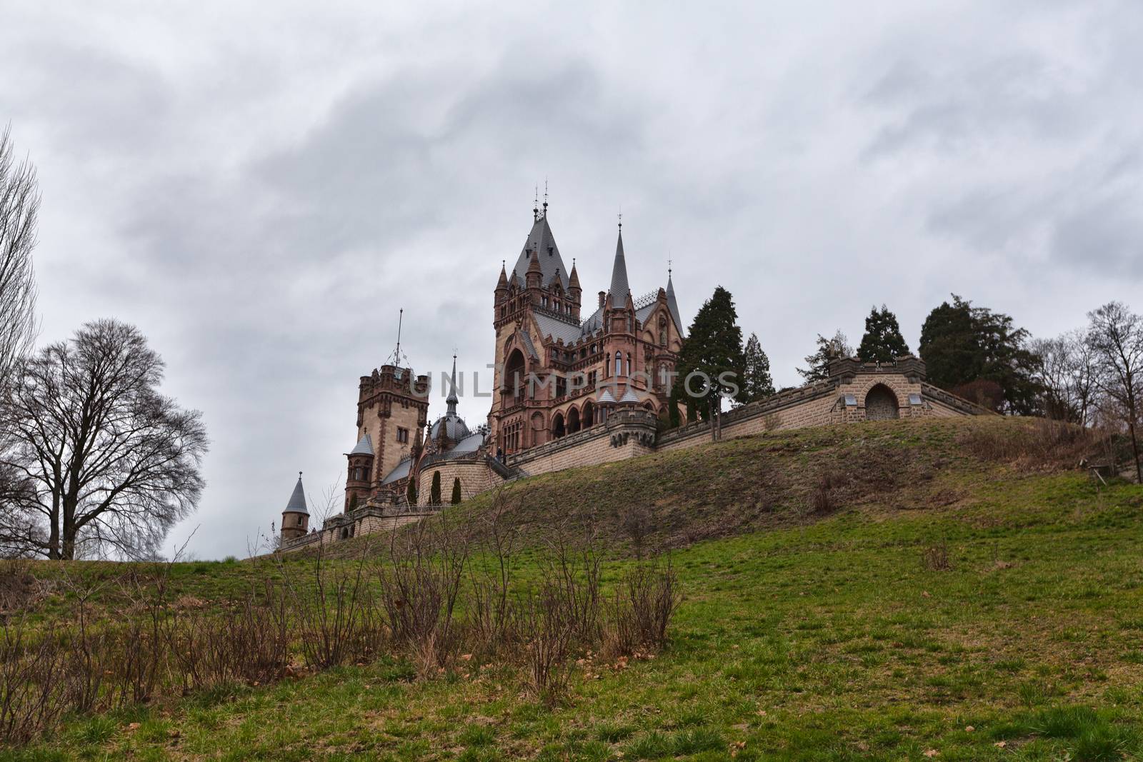 Konigswinter, Germany - 2 March 2019: Drachenburg castle on a gloomy day