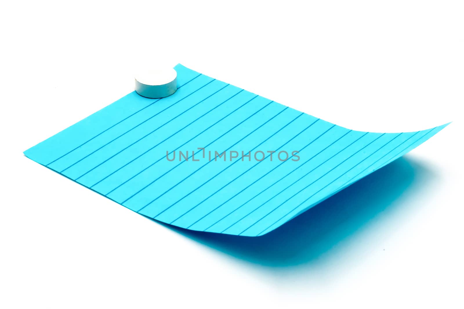 Post-it note in blue color with a magnetic washer on a white background