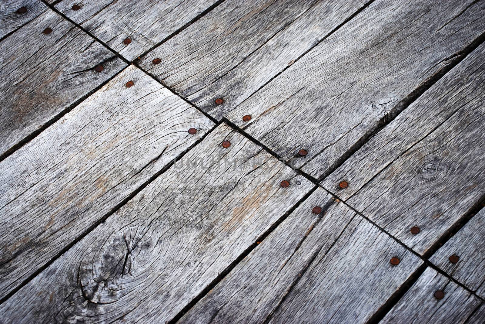 background or texture Detail of an old wooden slab floor with nails