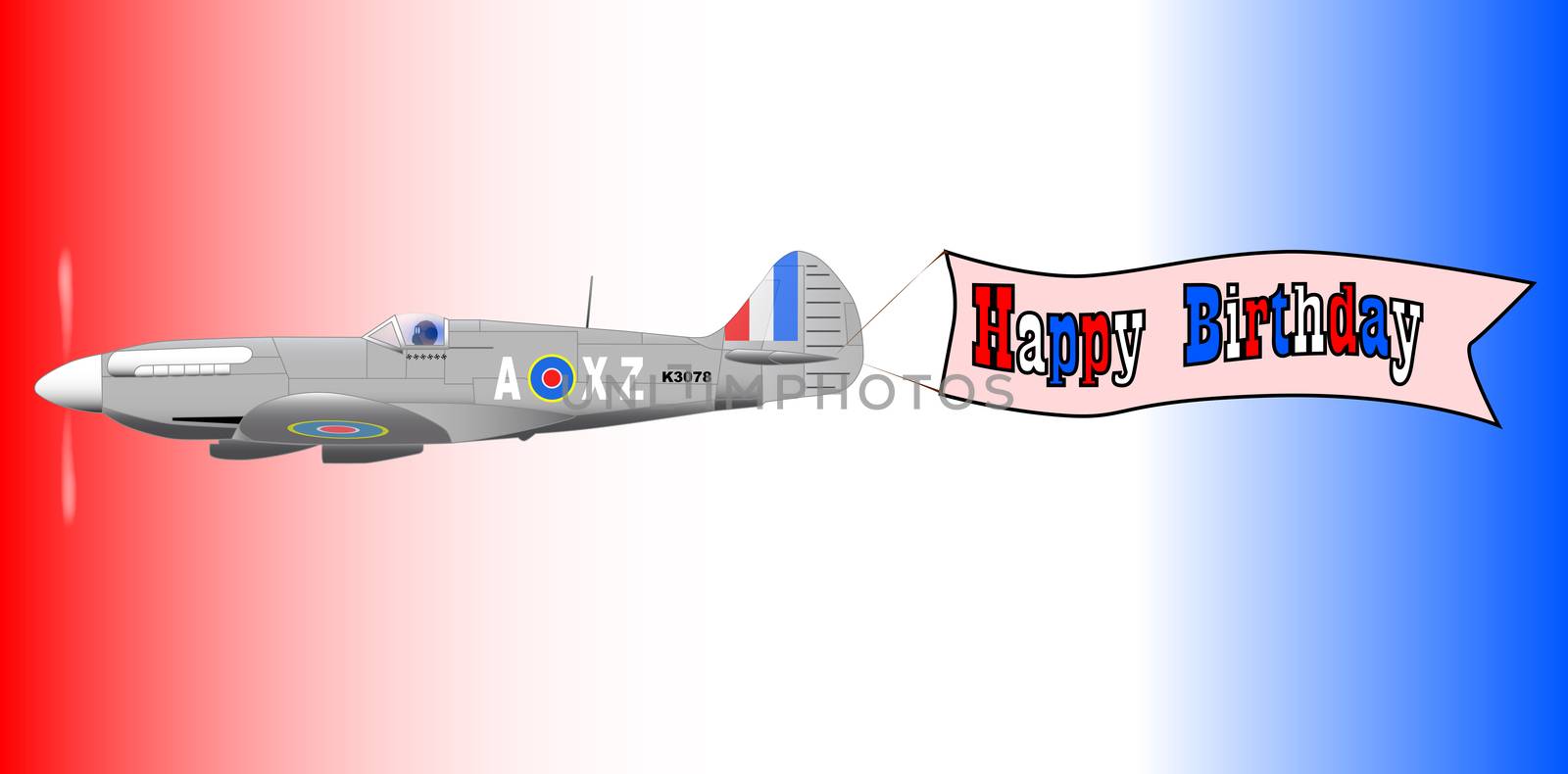 A World War 2 fighter plane towing a 'Happy Birthday' banner.