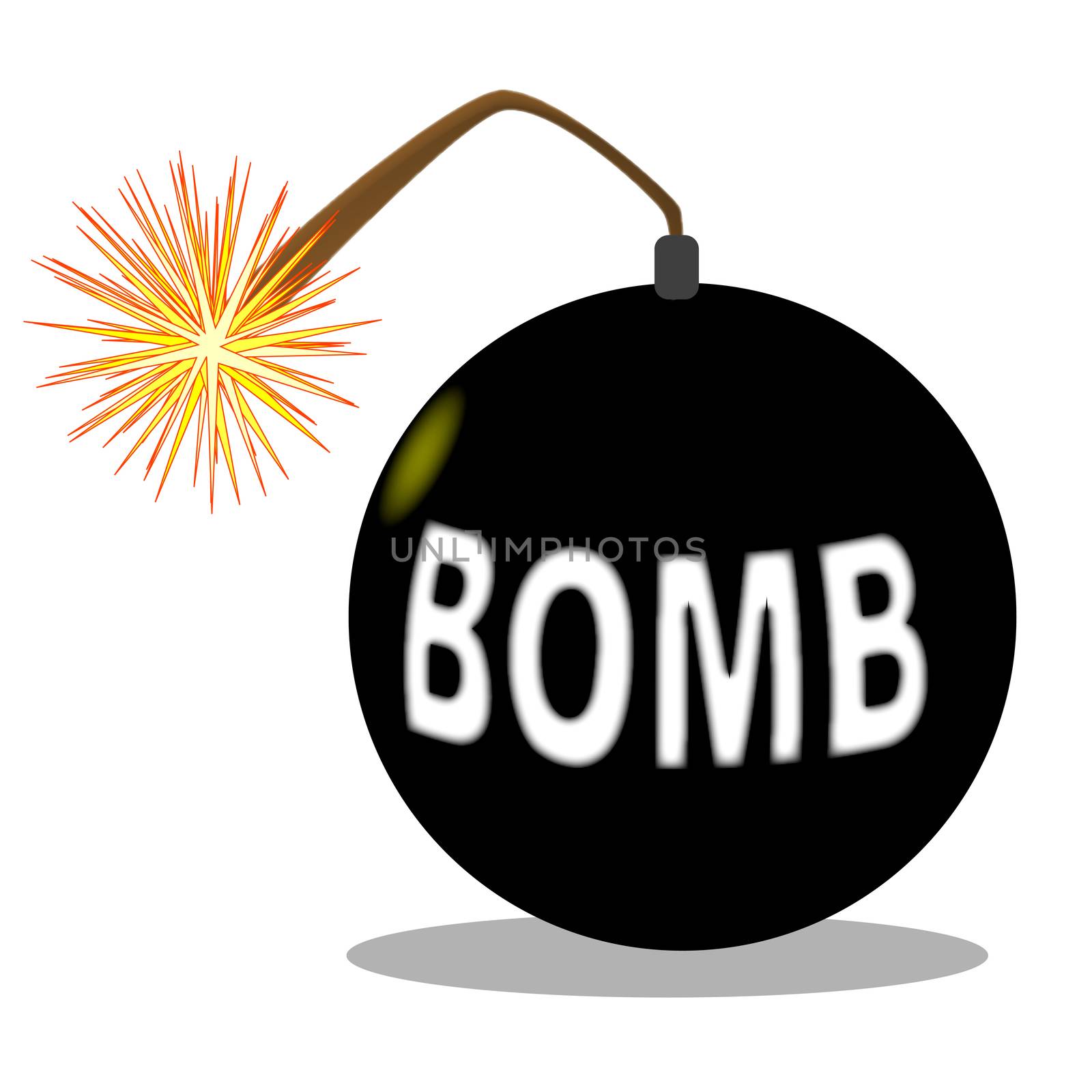 A traditional cartoon style bomb with lit fuse, isolaterd over white