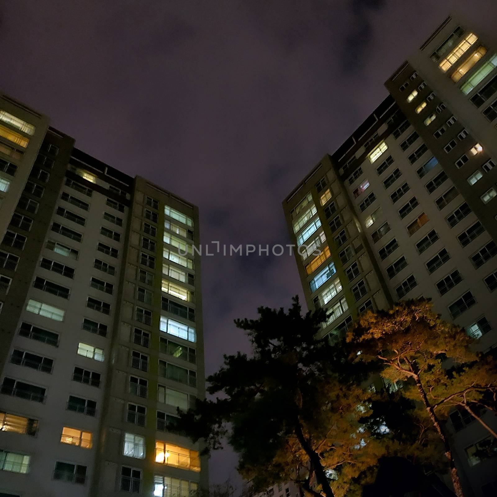 Low angle of residential building at night in South Korea