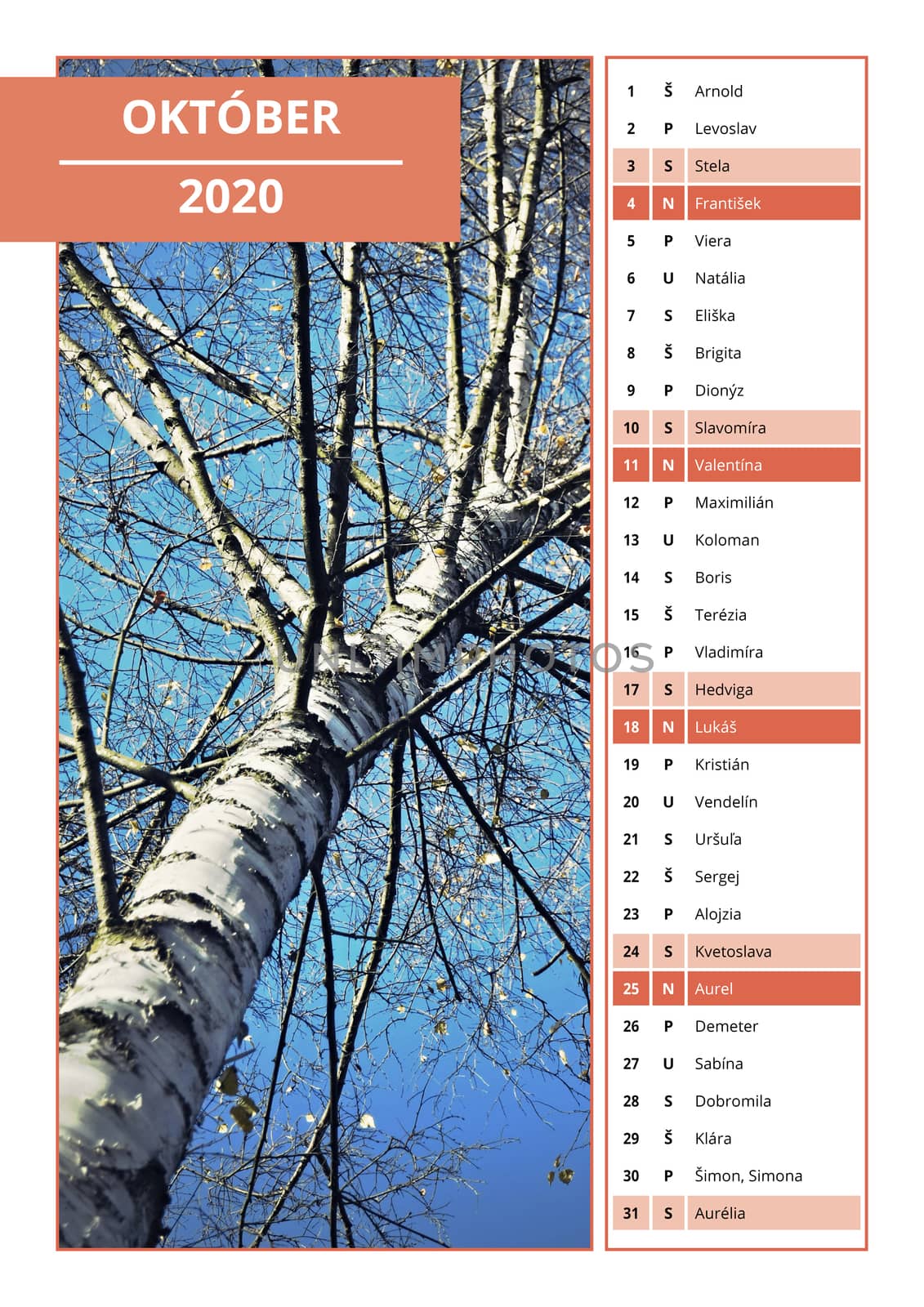 Slovak calendar with names for October 2020 by Ahojdoma