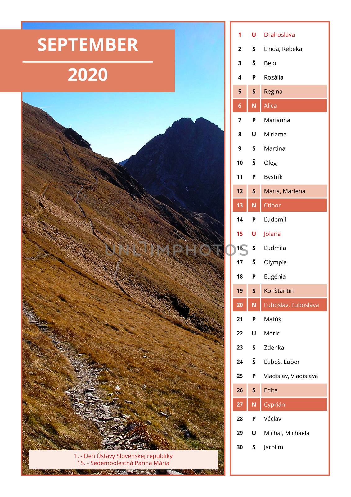 Slovak calendar with names for September 2020 by Ahojdoma