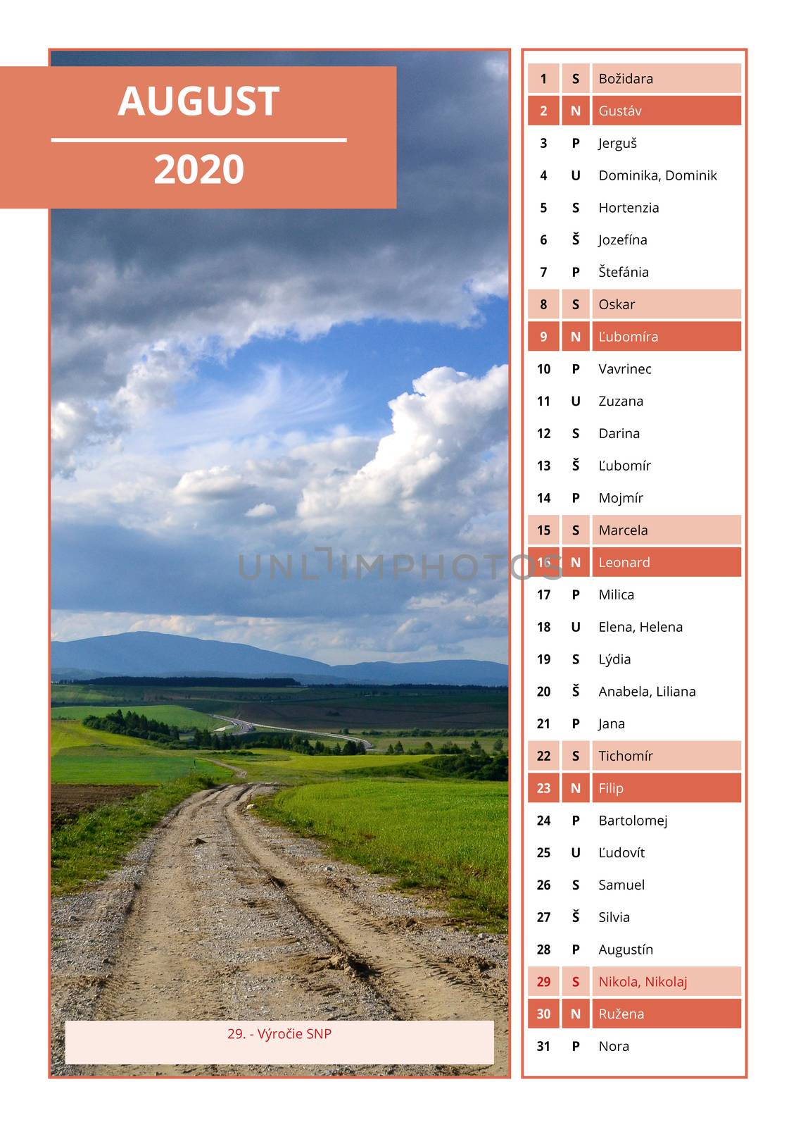 Slovak calendar with names for August 2020 by Ahojdoma