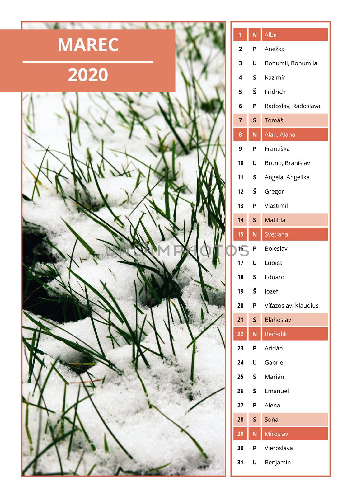 Slovak calendar with names for March 2020 by Ahojdoma