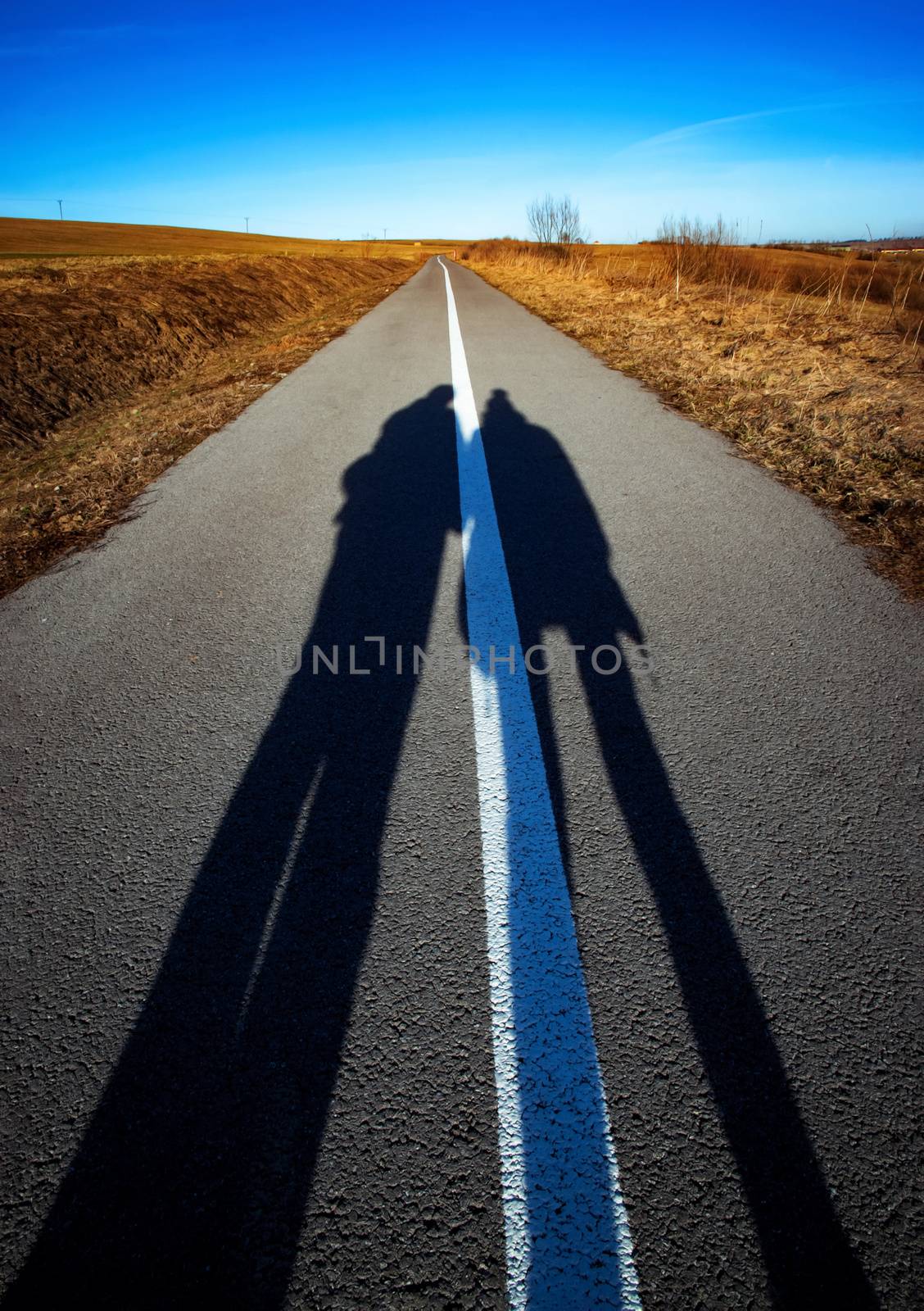 lanscape background long shadows of people on the road