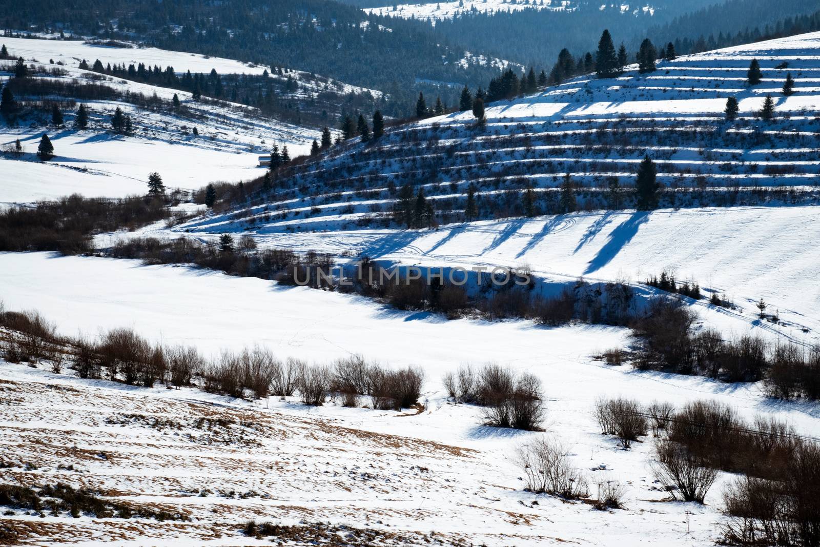 seasonal background rugged hilly winter landscape