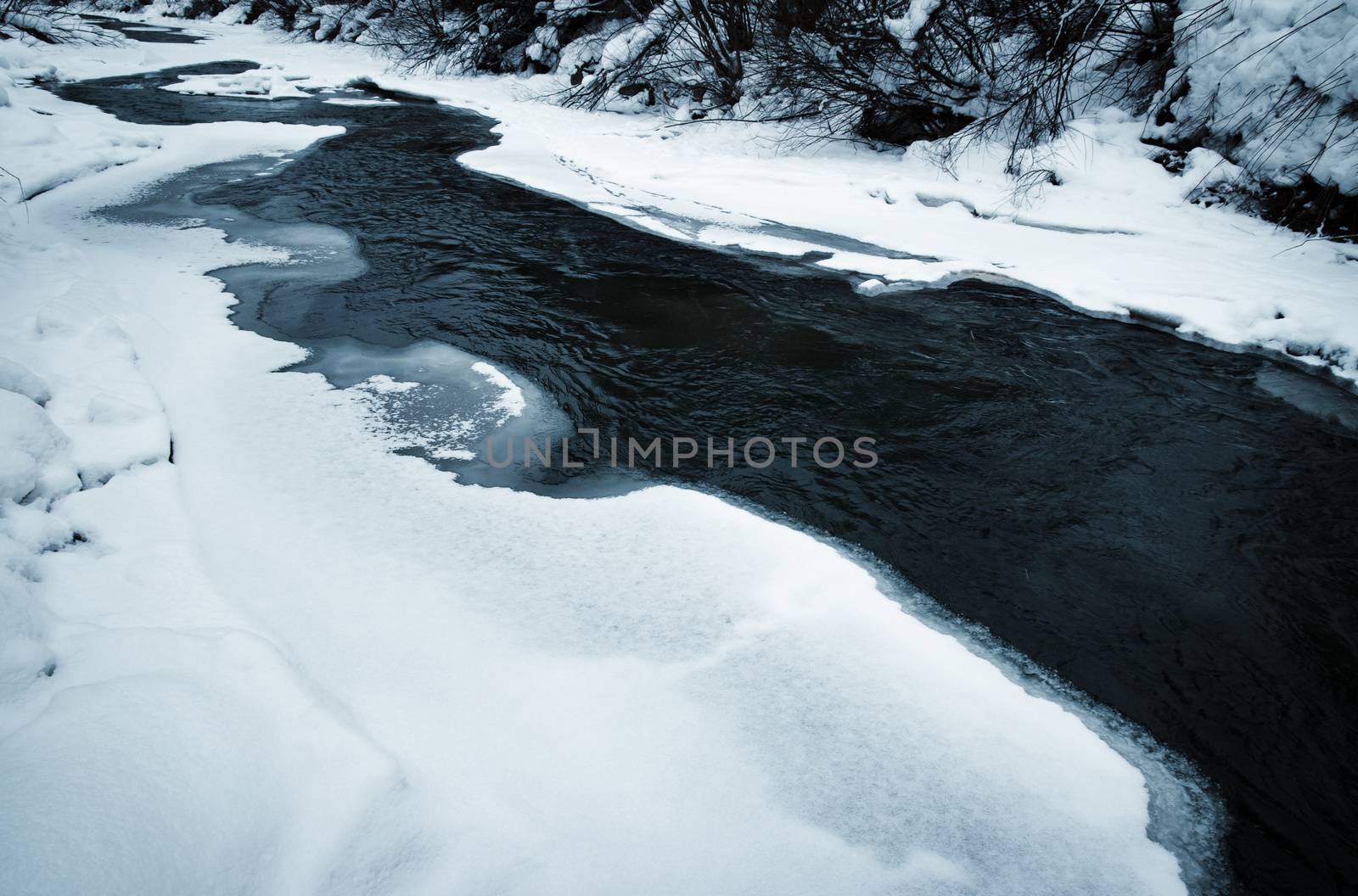 seasonal nature background winter on a dark little river