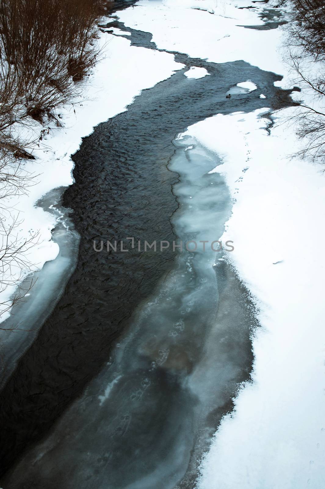 winter seasonal nature background river flowing through ice
