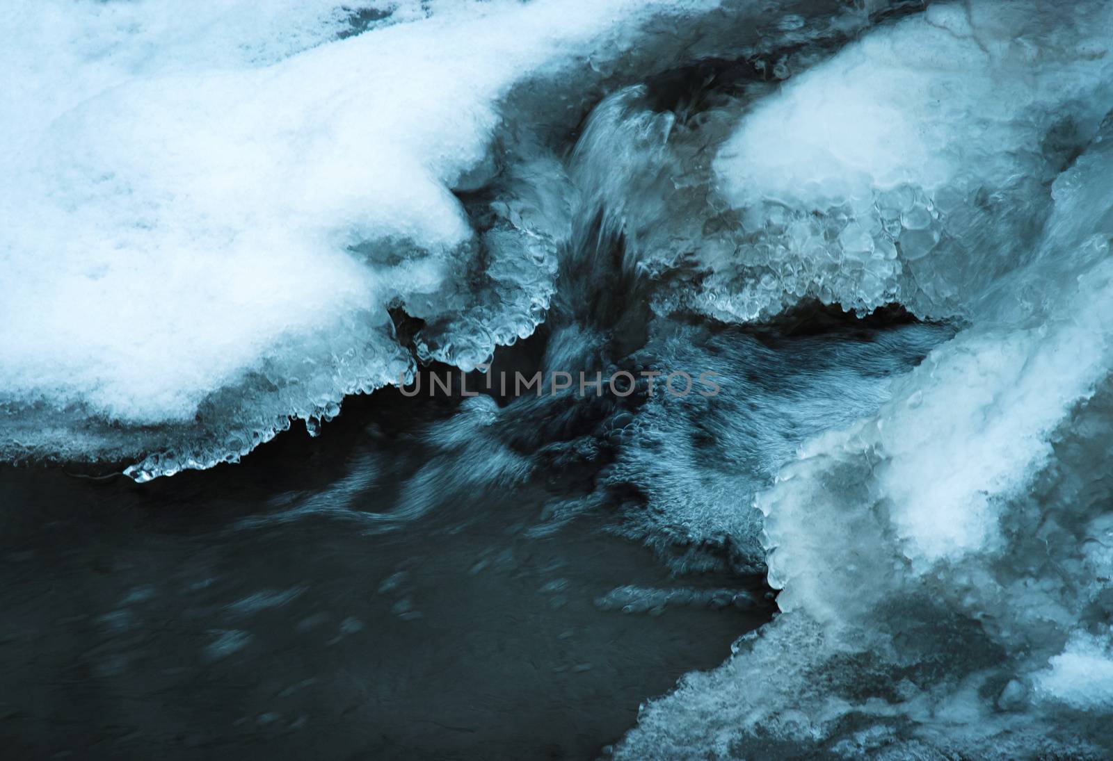 seasonal background detail on the frozen river rapids