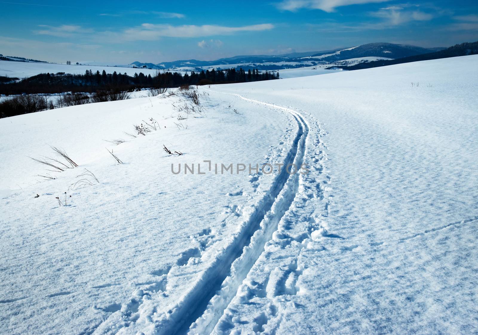 landscape snowy winter landscape with cross country ski path