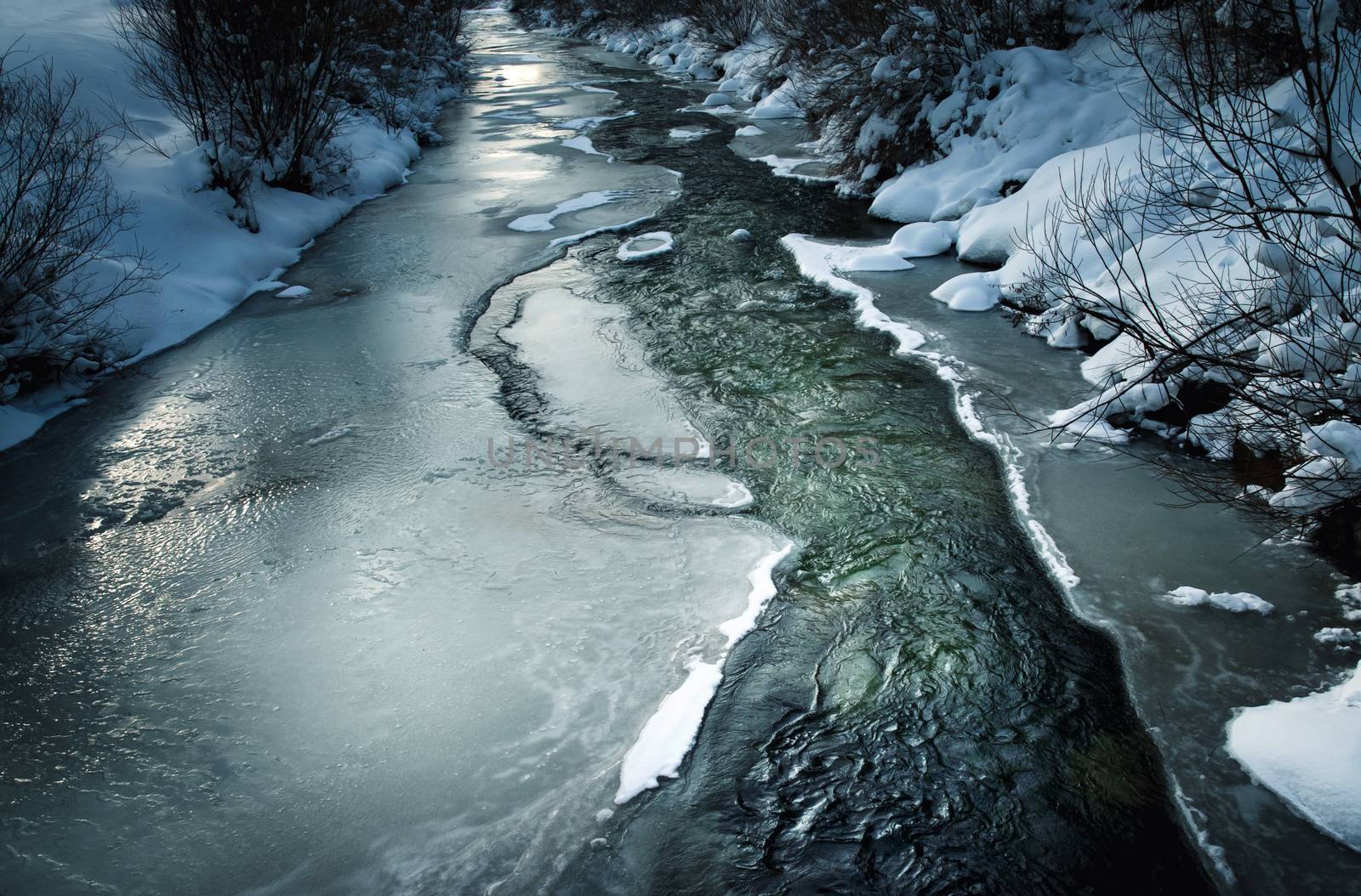 seasonal landscape background winter scene with a frozen river