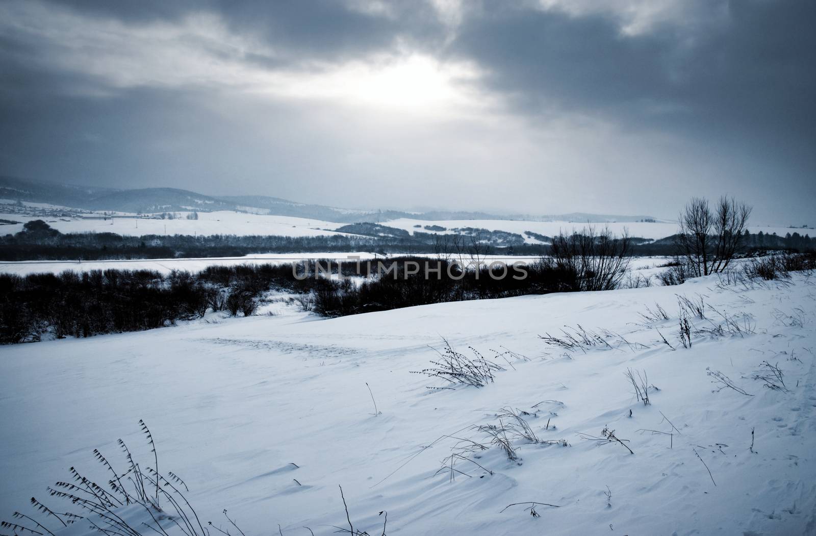 seasonal background gloomy winter landscape with snow