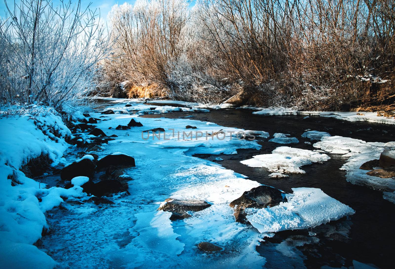 seasonal nature background the early evening frozen little river