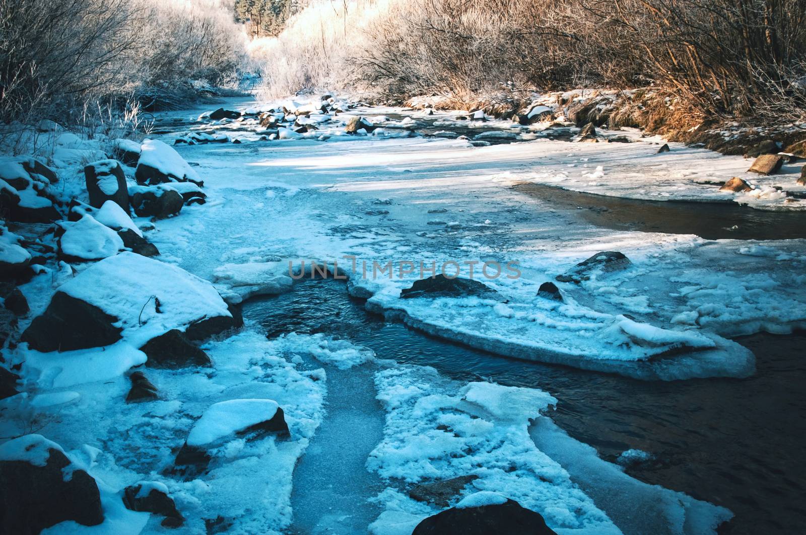 seasonal landscape background frozen dark river