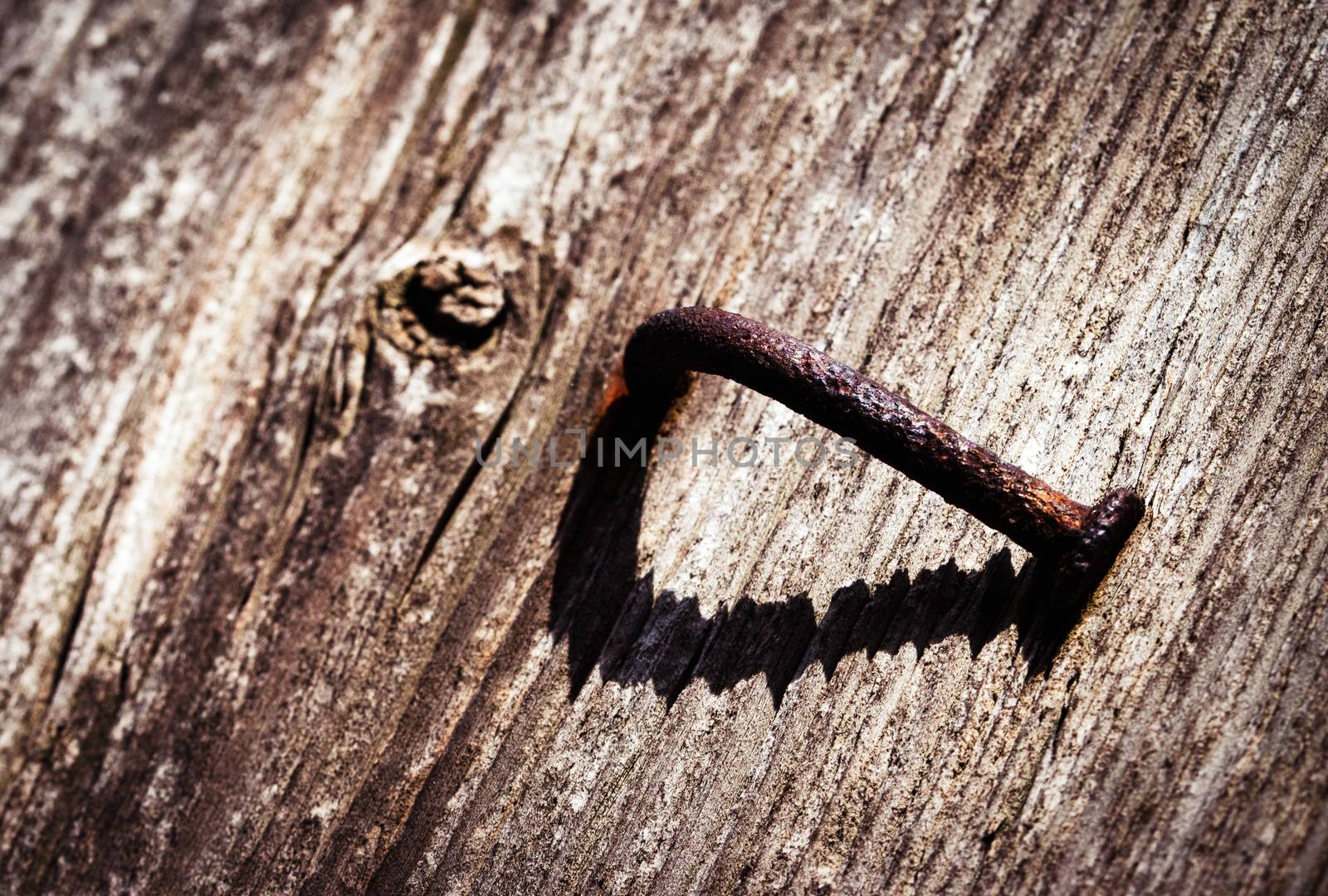 background or texture rusty bent nail on the board