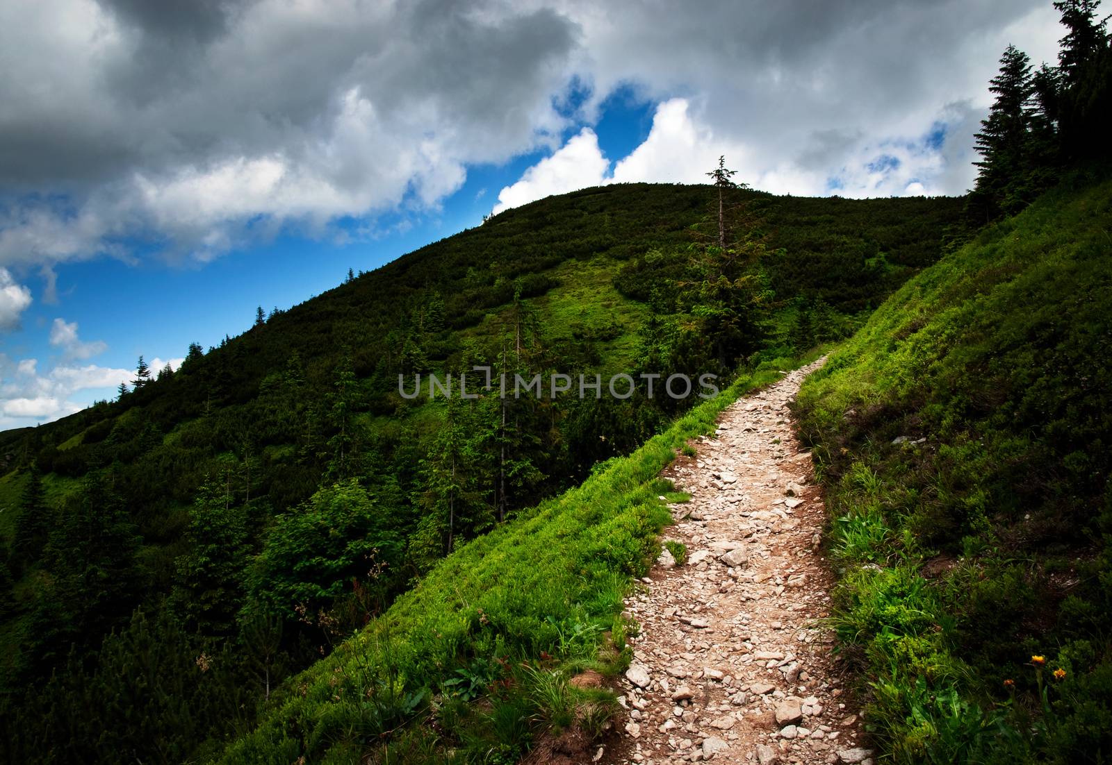 landscape background Mountain gravel trail up to the cloud