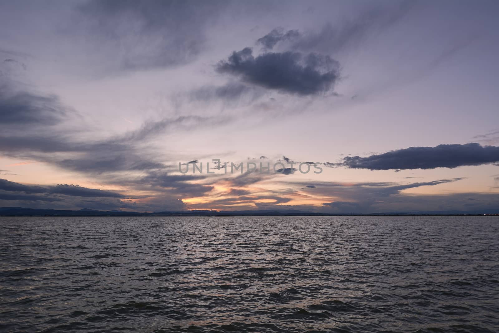 Landscape of a lake with storm clouds, moving waters reeds in the water, bluish tones